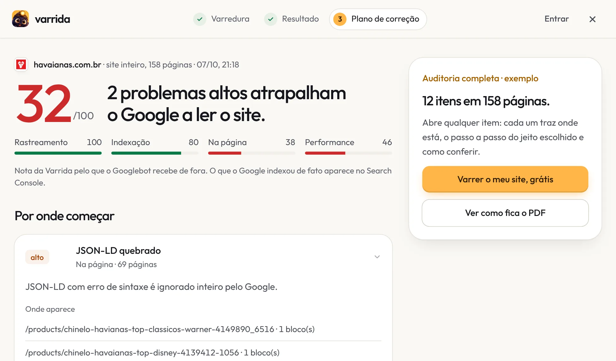 Relatório da Varrida: nota 30 de 100 do nodejs.org, com o primeiro problema aberto mostrando onde aparece